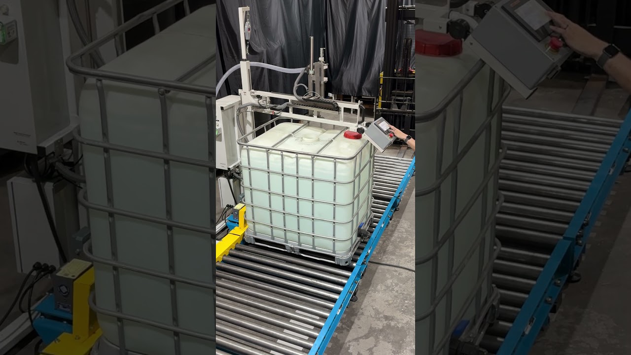 Drum, IBC tote filling machine - DC-100 swing arm palletized filling with powered roller conveyor