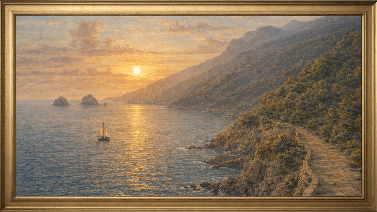 4K TV Frame Art: Coastal Sunset Sailboat & Stone Path | 3 Hours Frame Art