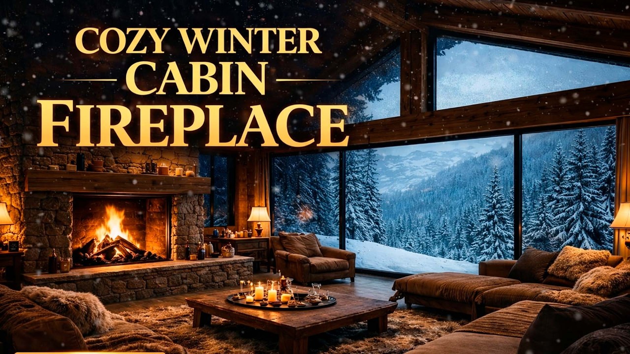 Cozy Winter Cabin Fireplace — Snowy Mountain Night Ambience | 1 Hour 4K