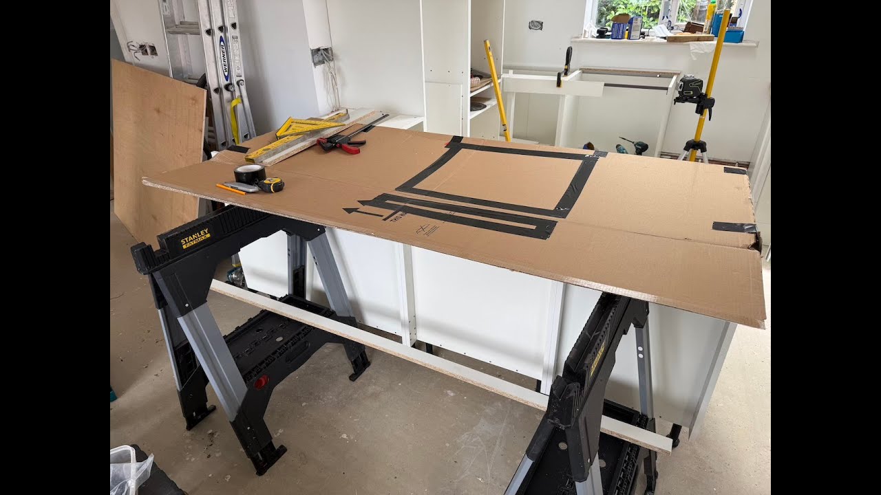 Garden Project part 57. Setting out & installing kitchen units. Making removable cabinet panels.