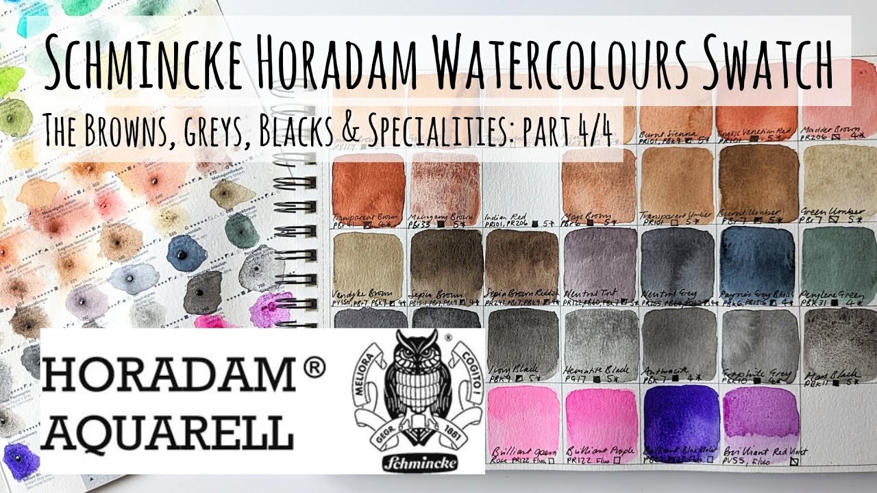 Part 4 Swatch of Schmincke Horadam Professional Watercolour Paints Dot Card: Browns, Greys & Blacks