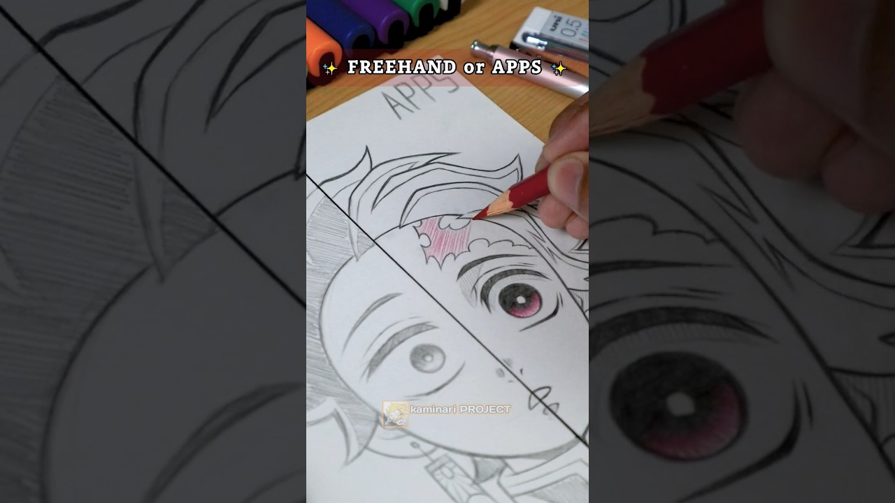Freehand Vs Apps - Drawing challenge Tanjiro || DEMON SLAYER 