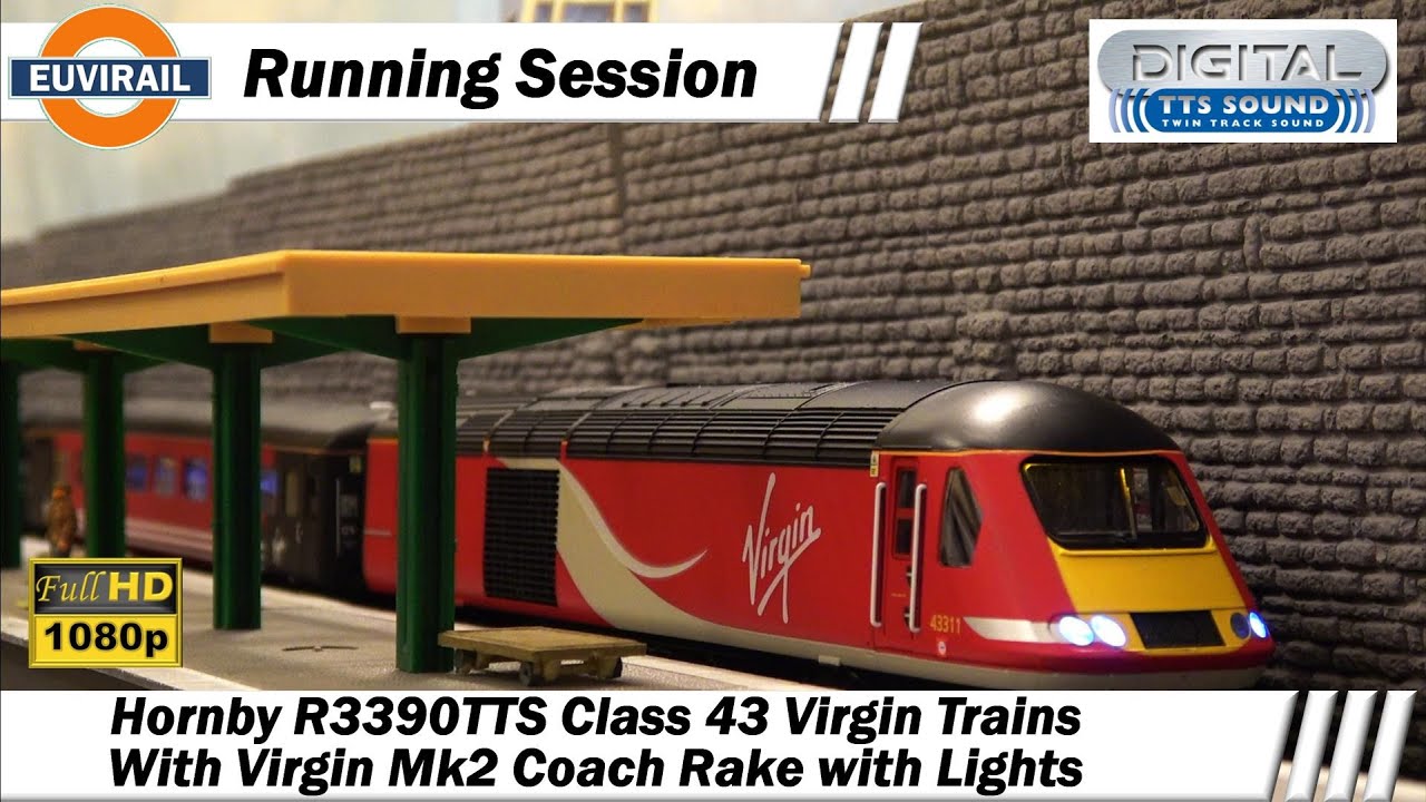Hornby Class 43 R3390TTS Virgin HST with TTS DCC Sound  & MK2E Coaches with lights R4702, R4704