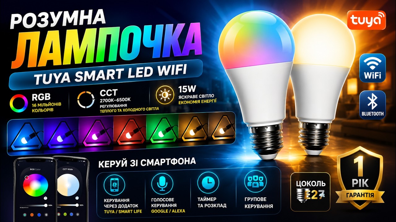 Розумна лампочка Tuya Smart LED WiFi Смарт Лампа E27 RGB 2700K 6500 K 15W