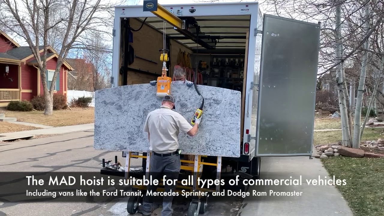 MAD Hoist with 1,100lbs capacity in commercial box body used for countertop delivery and install