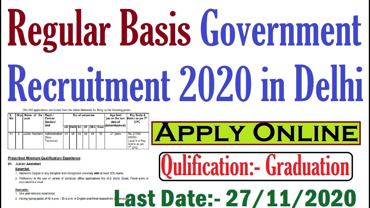 Regular Basis Government Recruitment in DELHI, Apply Online, Government Jobs Vacancy 2020 in Delhi