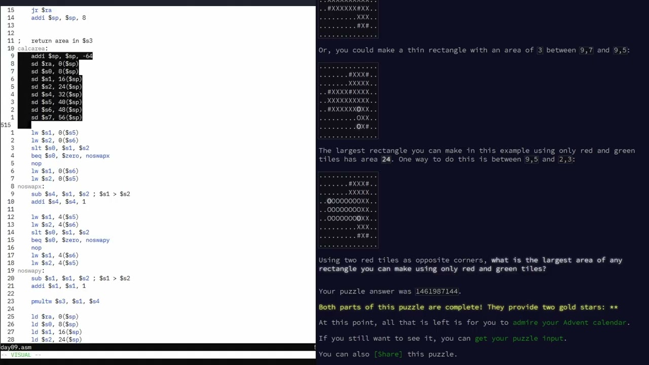 Day 09 Movie Theatre Advent of Code 2025 in MIPS ASM