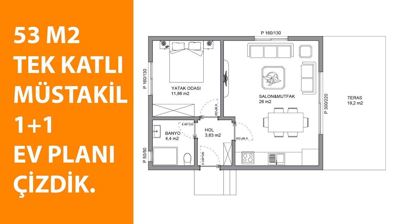 53 M² TEK KATLI MÜSTAKİL 1+1  EV PLANI ÇİZDİK. 1+1 BAĞ EVİ-BAHÇE EVİ ÖRNEK ÇİZİMİ.