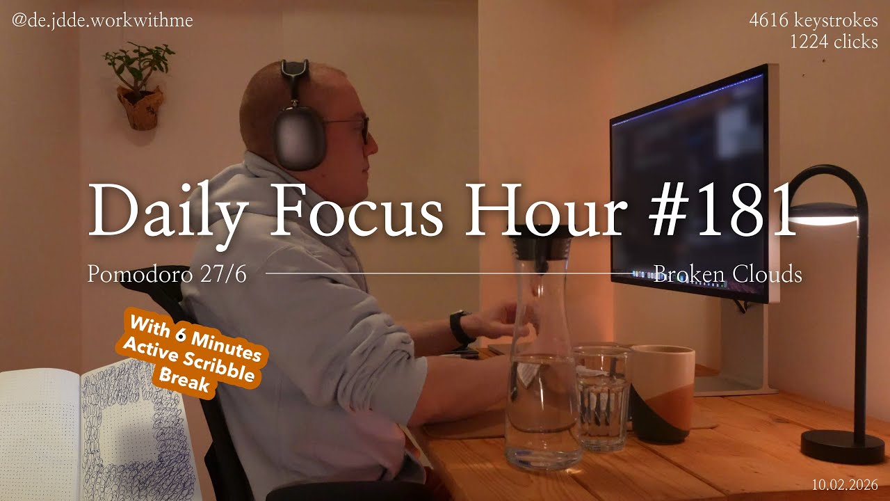 Daily Focus Hour | 2026-02-10T04:58:06 | Work With Me |Pomodoro 27/6| Partly Cloudy⛅ +Typing&Timer