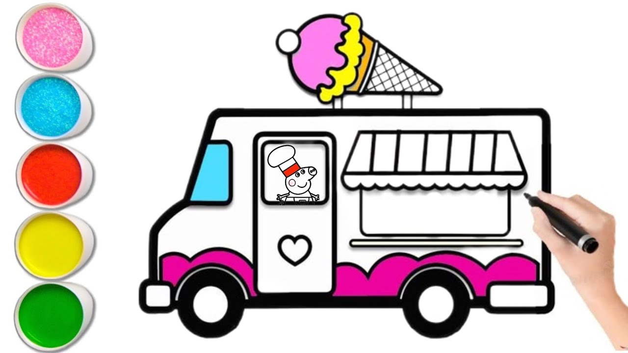 Peppa pig with icecream bus drawing and colouring for kids and toddlers || easy Peppa pig drawing 