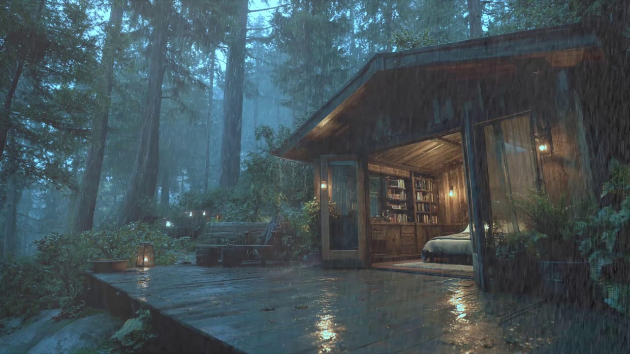 Heavy Rain on Wooden Deck in Forest Cabin | Soothing Rain Sounds for Sleeping