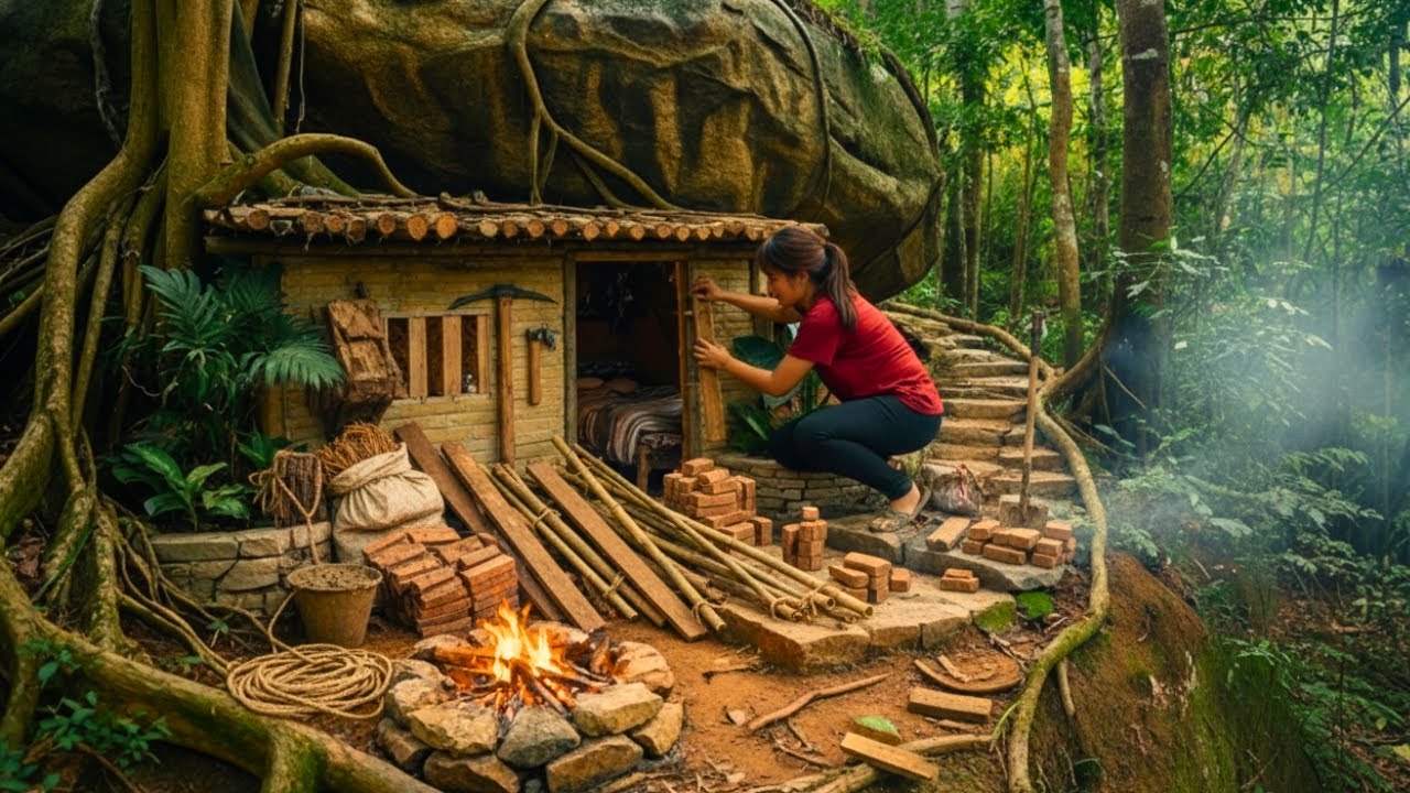 Building a Bamboo Shelter Alone Inside a Cave in the Tropical Jungle,  Bushcraft, Survival