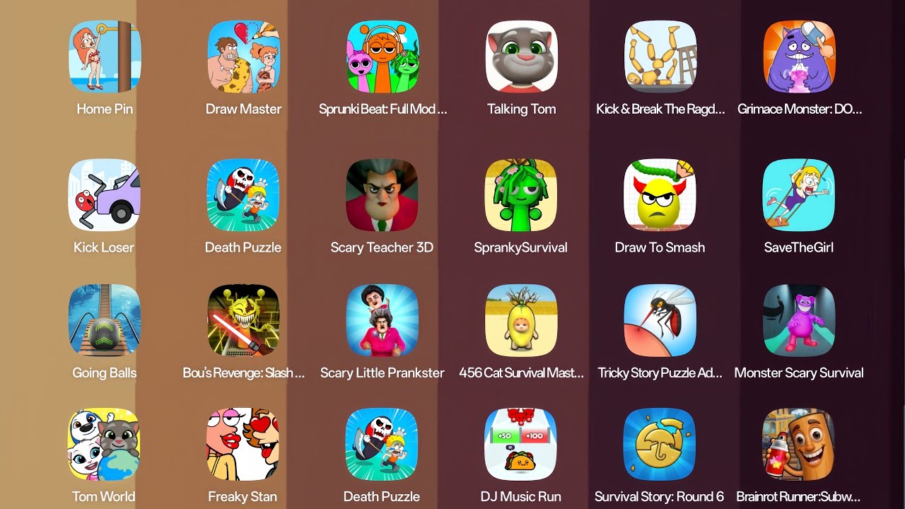Grimace monster,Scary teacher 3D,Death puzzle,Spranky survival,Dj music run,Freaky Stan,Draw Master.