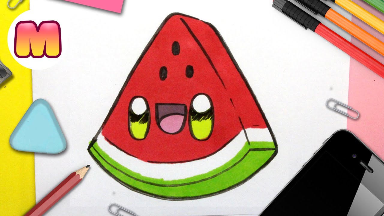 COMO DIBUJAR UNA SANDIA KAWAII - Dibujos kawaii faciles - Aprender a dibujar cosas o comida kawaii