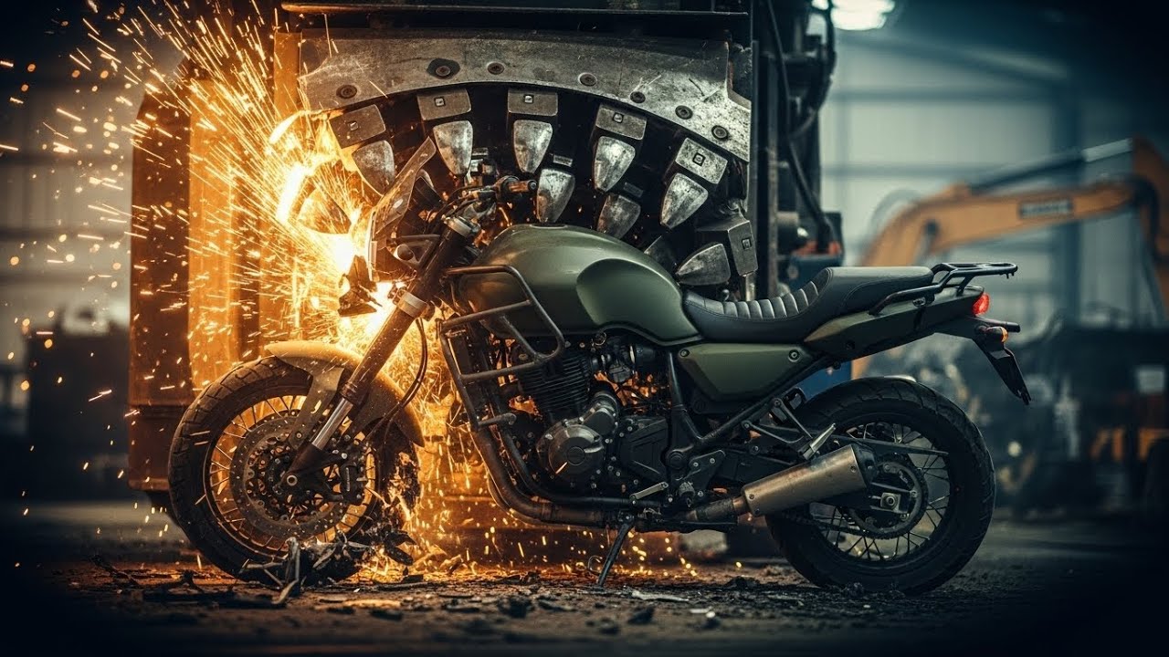 A heavy-duty military-style motorcycle crushed piece by piece,