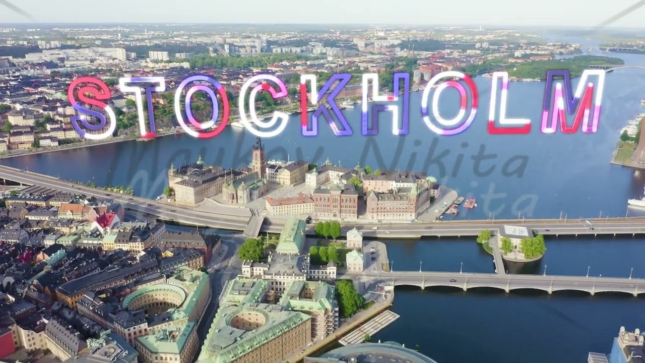 Inscription on video. Stockholm, Sweden. Old Town - Gamla Stan. Riddarholmen. Helgeandsholmen. Aeria
