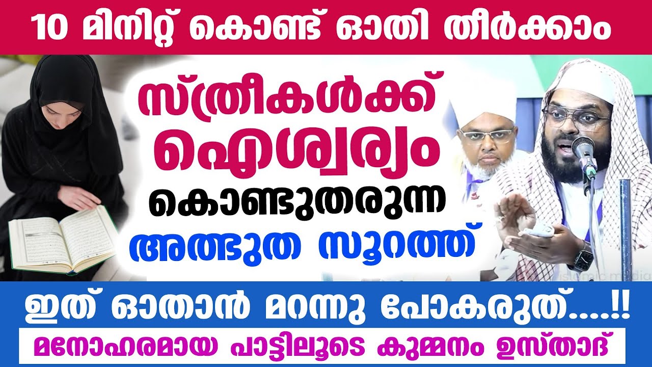 10 മിനിറ്റ് കൊണ്ട് ഓതാം... സ്ത്രീകൾക്ക് ഐശ്വര്യം കൊണ്ടുതരുന്ന അത്ഭുത സൂറത്ത് ഇതാ....!! Quran Surah