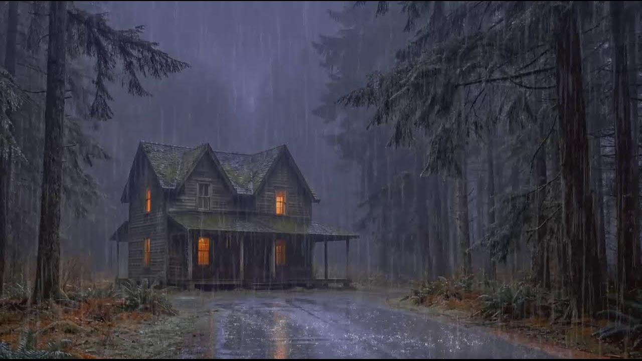 Forest Thunderstorm Night at Cozy Wooden Lodge