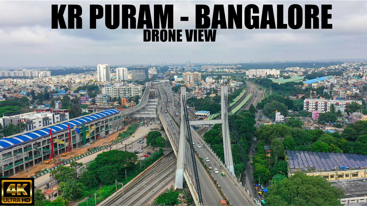 KR Puram Metro train station Cable bridge drone 4k video TIN factory Bengaluru city aerial VIEW
