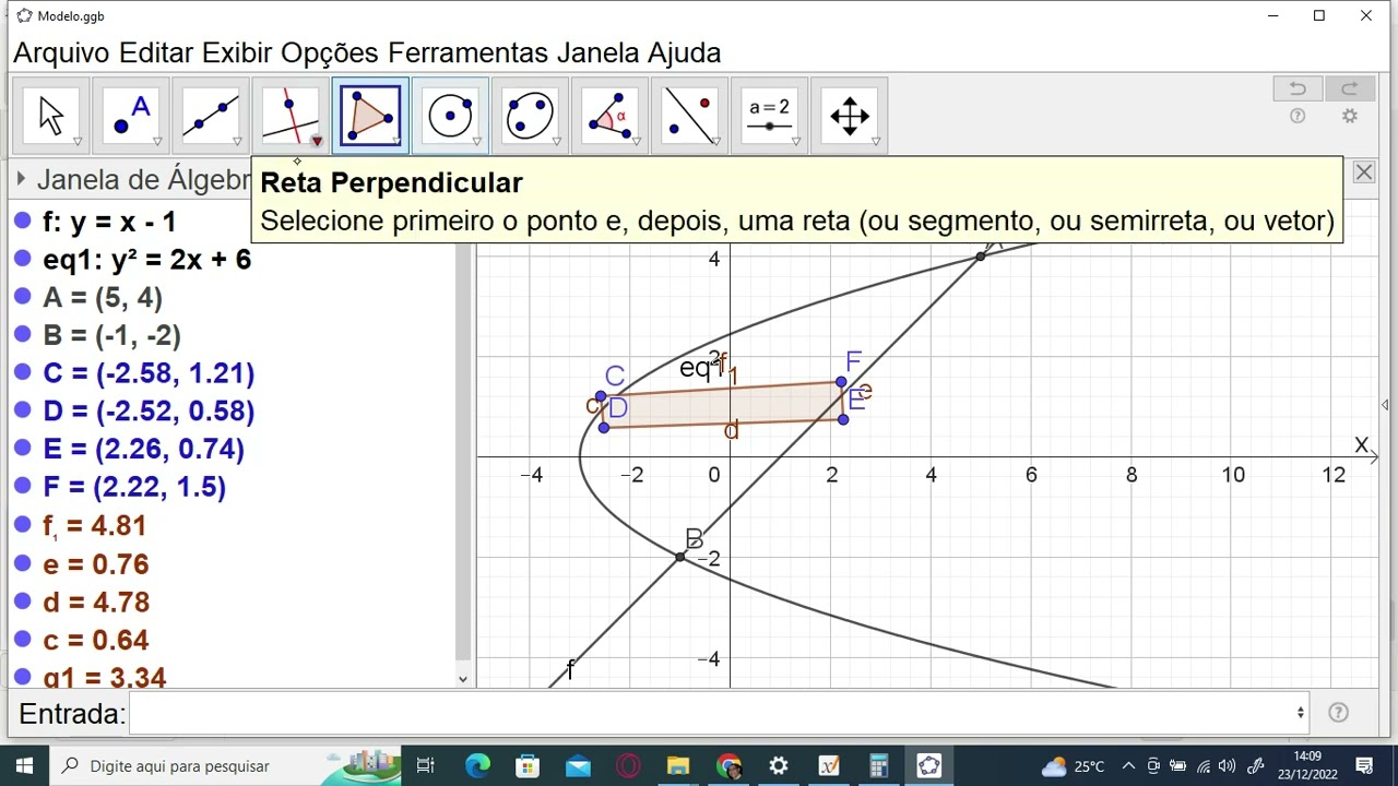 06-Cálculo da área entre duas equações y=x-1 e y²=2x+6.