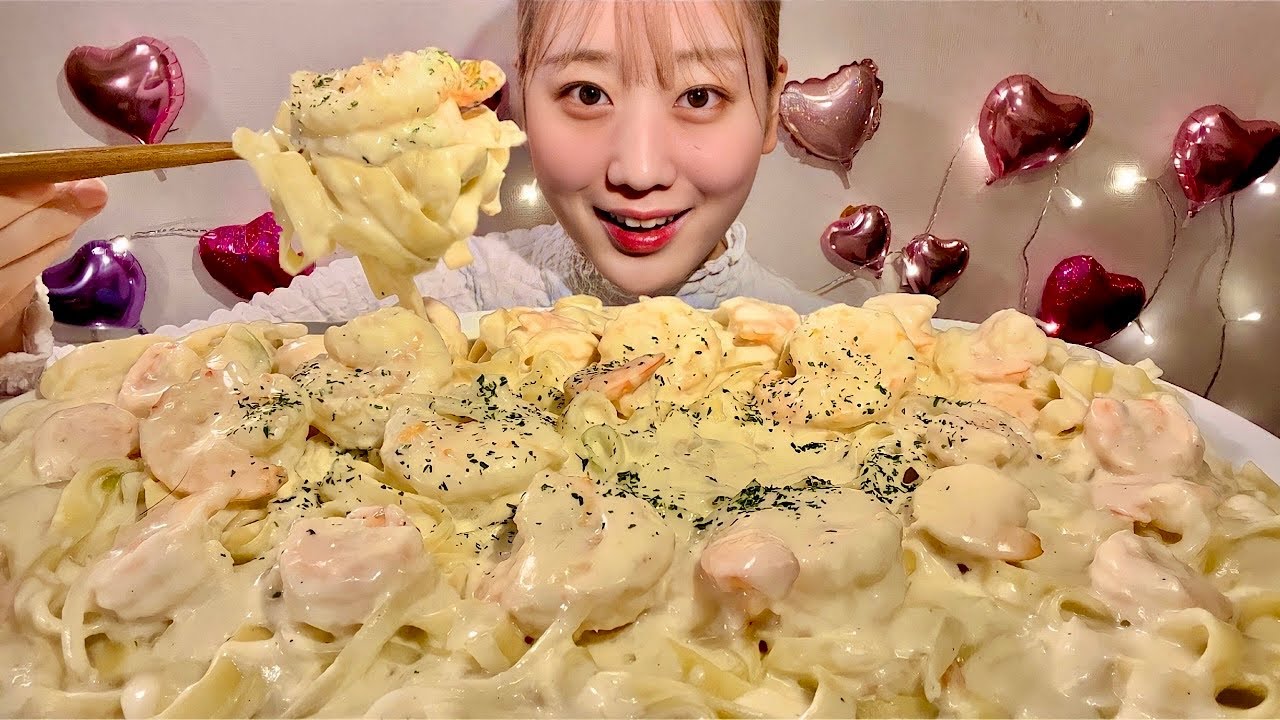 ASMR Паста с креветками в сливочном соусе【русские субтитры】【Mukbang/ Eating Sounds】