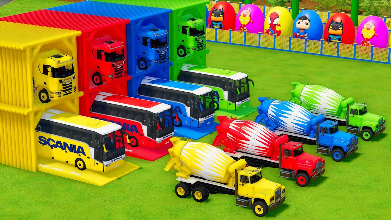 Garage with Colors - ALL MIXER TRUCK WITH DOUBLE FLATBED TRAILER TRUCK, SCANIA, MACK - FS22