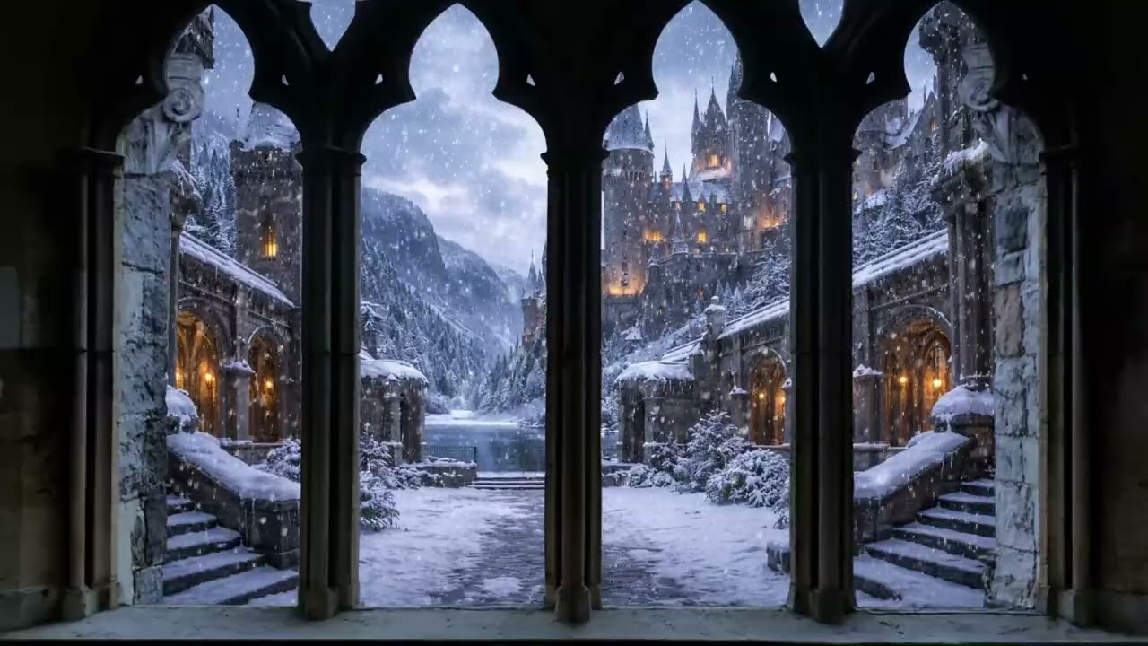 Harry Potter Winter Window View - Hogwarts Snow Ambience for Sleep, Sound of Snow, Wind, FIREPLACE