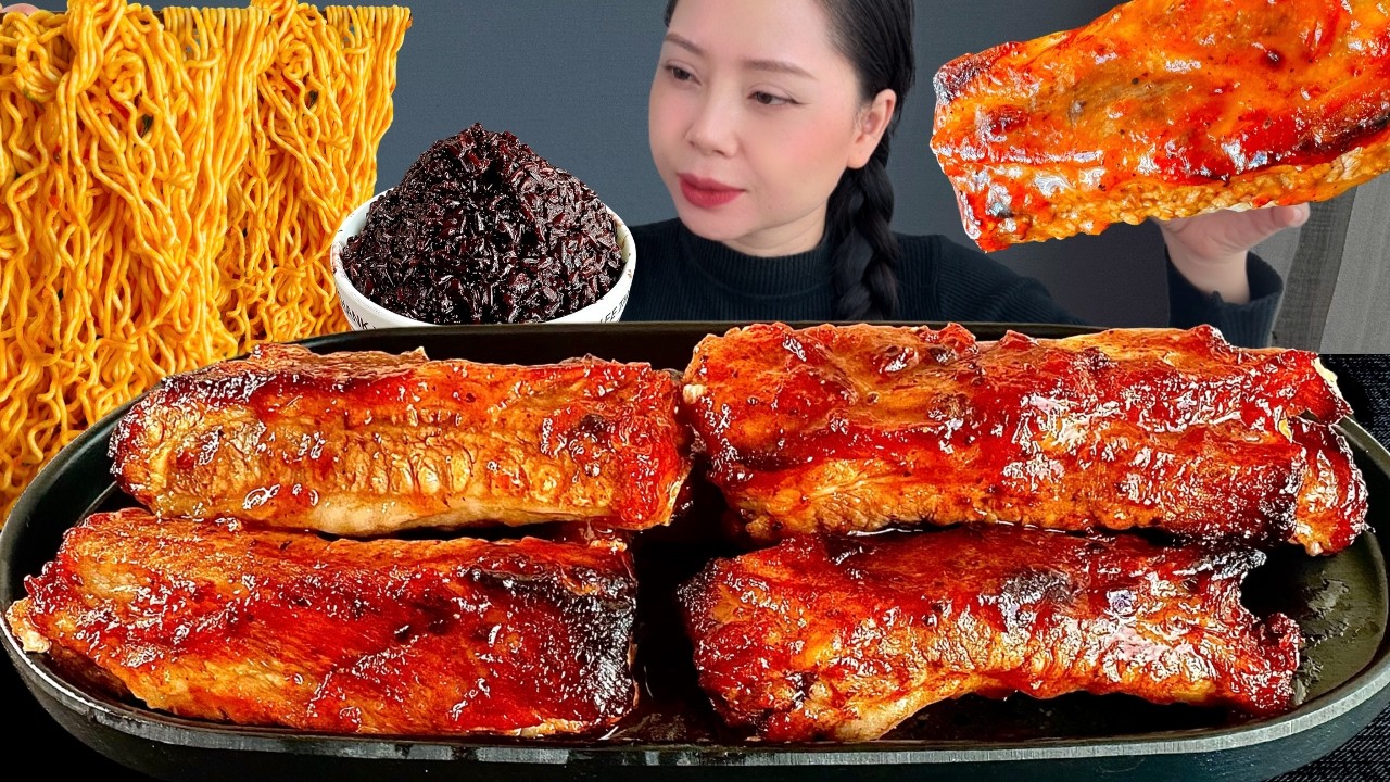 ASMR MUKBANG GRILLED PORK RIBS, SPICY RAMEN NOODLES, BLACK RICE | COOKING & EATING SOUNDS