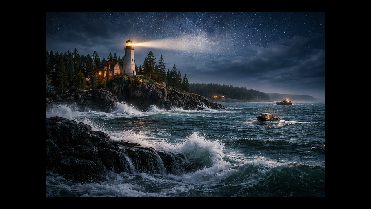 Lighthouse Guiding Boats Through a Starry Night