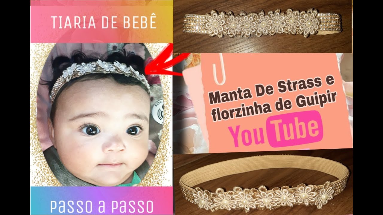 🎀Faixa de Beb&ecirc; com flor de Guipir e manta de strass🎀