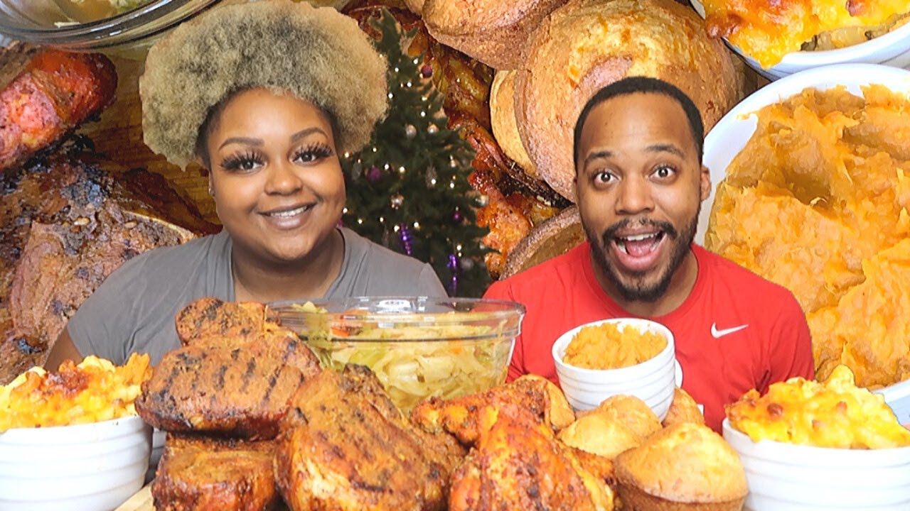 SOULFOOD MUKBANG!! JUICY PORK CHOPS, MAC N CHEESE, BAKED CHICKEN, CABBAGE, CORNBREAD, & YAMS