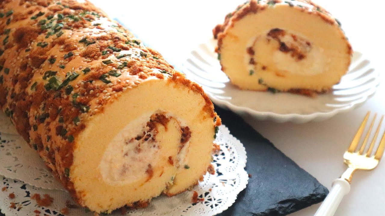 香葱肉松卷（咸蛋黄奶油），无敌美味～/The  BEST Pork Floss Roll Cake Recipe