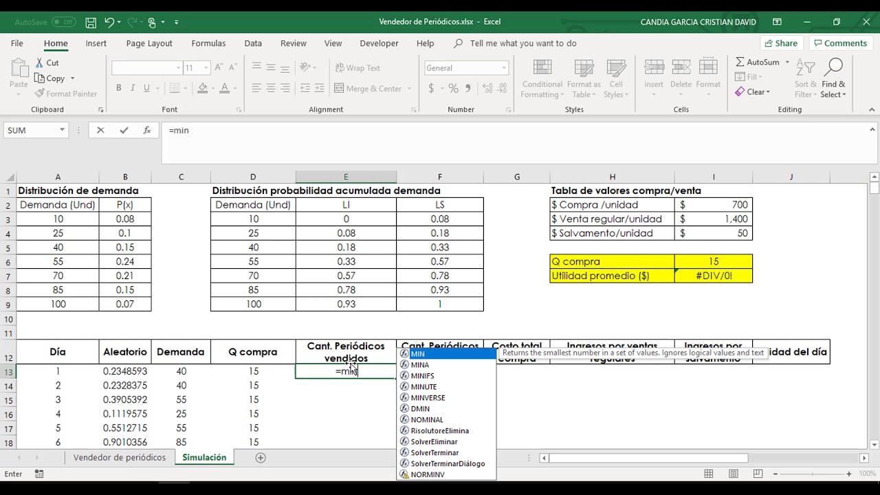 Método de Montecarlo y solver para resolver el problema del vendedor de periódicos. La Cartilla