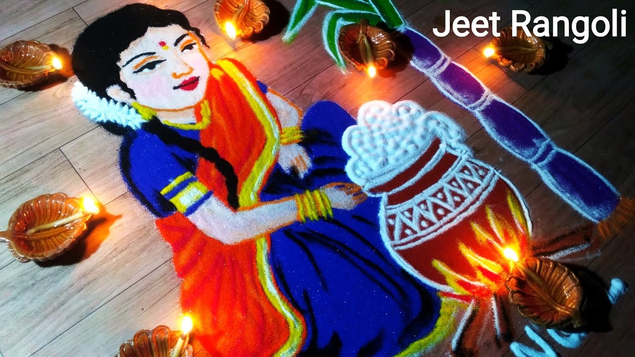 Sankranti special Pongal kolam pot with beautiful girl. Wish you happy sankranti and Pongal.