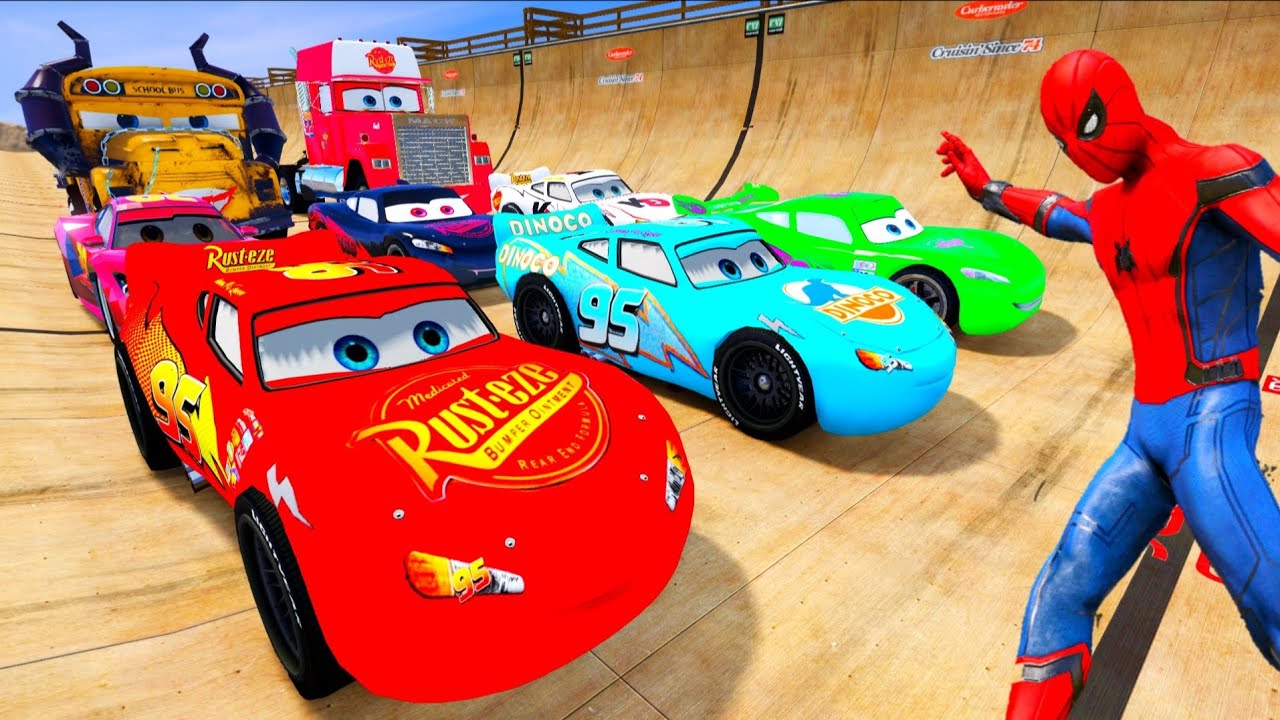 🚗GTA V Spiderman McQueen Cars 2 Vs Mack Truck Mega Ramp - Superheroes car Racing ep.11
