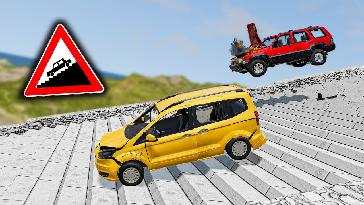 MERDİVENDEN ARABALARI ATTIM // Cars vs Stairs (Long Stairs) // ABSÜRT DENEY // BeamNG.drive