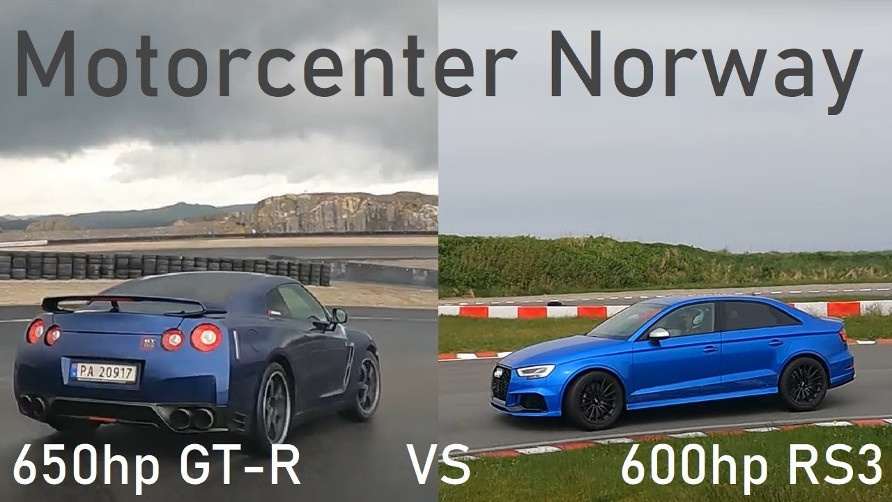 Motorcenter Norway - 600hp RS3 chasing 650hp GT-R in torrential rain = Great fun!