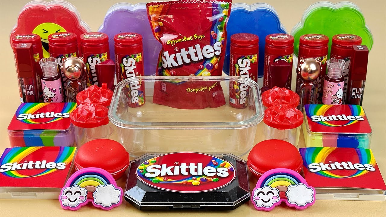 ASMR Slime Mixing &rdquo;SKITTLES&rdquo; ❤️💦💤 makeup, Eyeshadow, glitter into slime. Satisfying slime video.