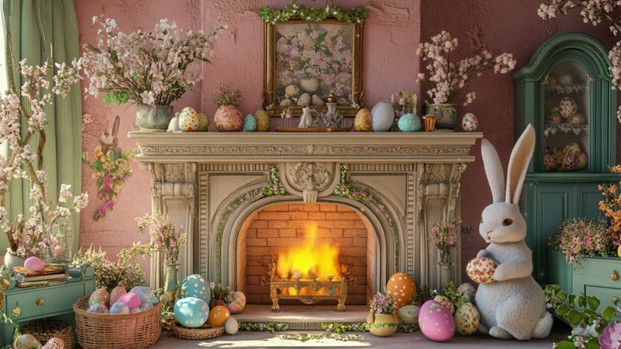 10 Hours Vintage Easter Fireplace Ambience | Crackling Fire for Relaxation & Background in 4K