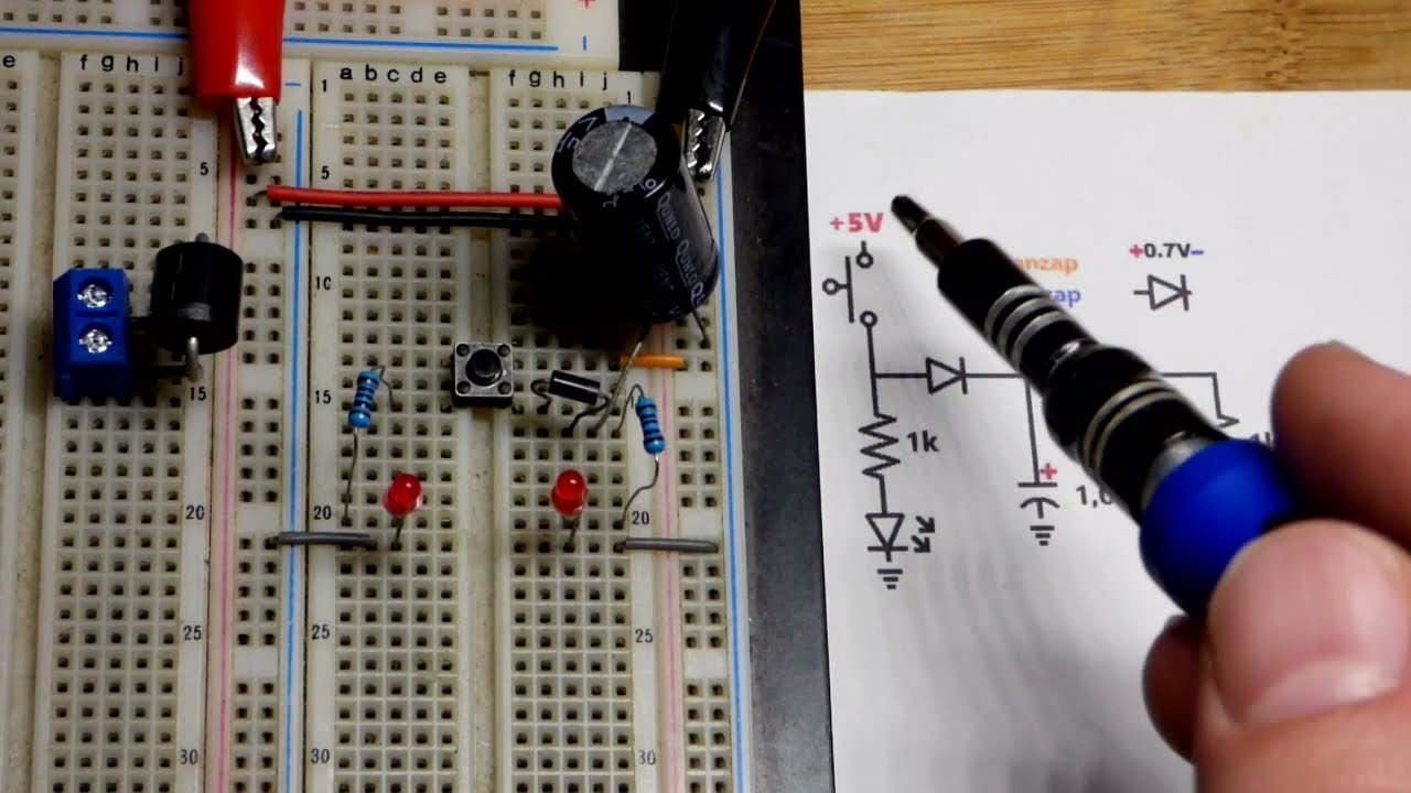 Diode used to isolate energy storage visual demo circuit using LEDs and capacitor by electronzap
