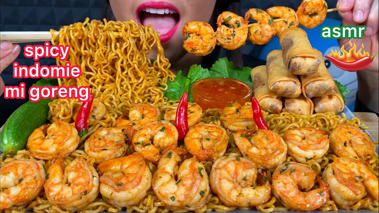ASMR EATING SPICY INDOMIE MI GORENG GARLIC SHRIMP EGG ROLLS HOT CHILI CUCUMBER 먹방 Mukbang Sounds