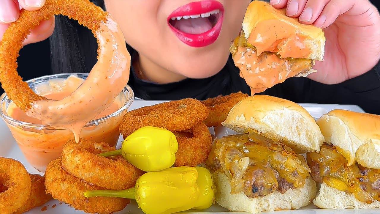 MINI CHEESEBURGERS DIPPED IN RAISING CANES SAUCE & ONION RINGS | ASMR | EATING SHOW | EATING SOUNDS