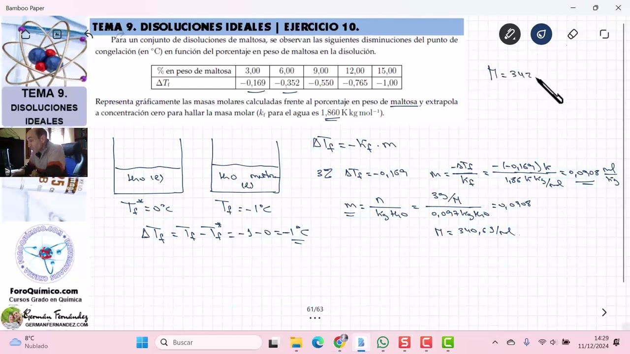 TEMA 9. TERMODINÁMICA | DISOLUCIONES IDEALES | EJERCICIO 9.10. DESCENSO CRIOSCÓPICO