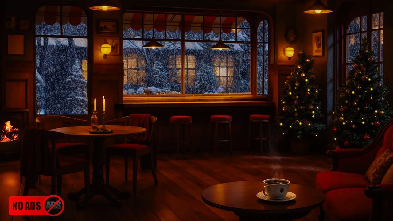 Ruhiges Winternacht-Café🔥❄️Fallender Schnee und ein warmer Kamin für tiefe Entspannung KEINE WERBUNG
