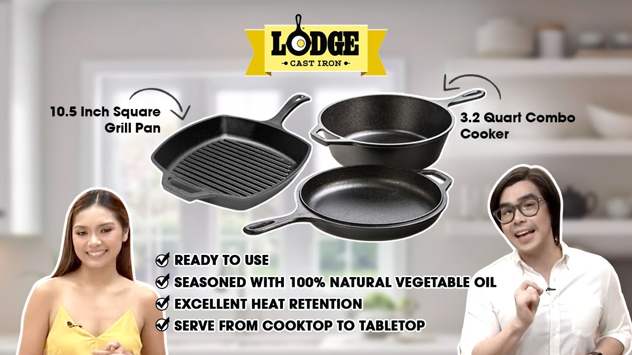 Квадратная чугунная сковорода-гриль Lodge Seasoned Cast Iron и комбинированная чугунная плита Lod...