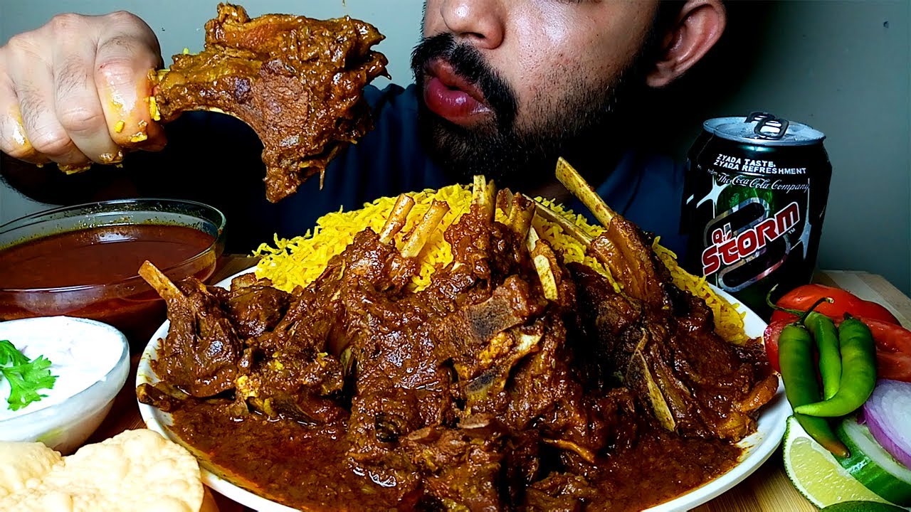 SPICY MUTTON CHAAP CURRY WITH YELLOW BASANTI RICE || EXTRA GRAVY  AND CHILLI EATING|#HungryPiran