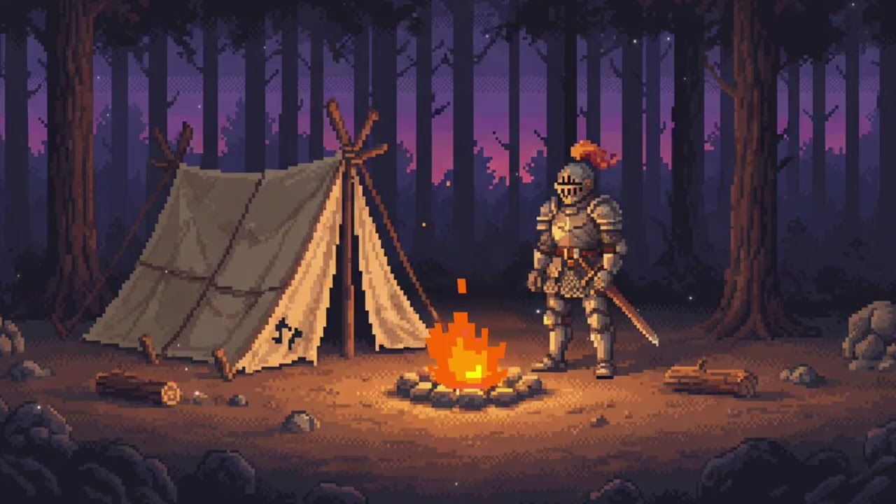 Twilight Knight Camp in the Deep Forest | Medieval Pixel Campfire Ambience