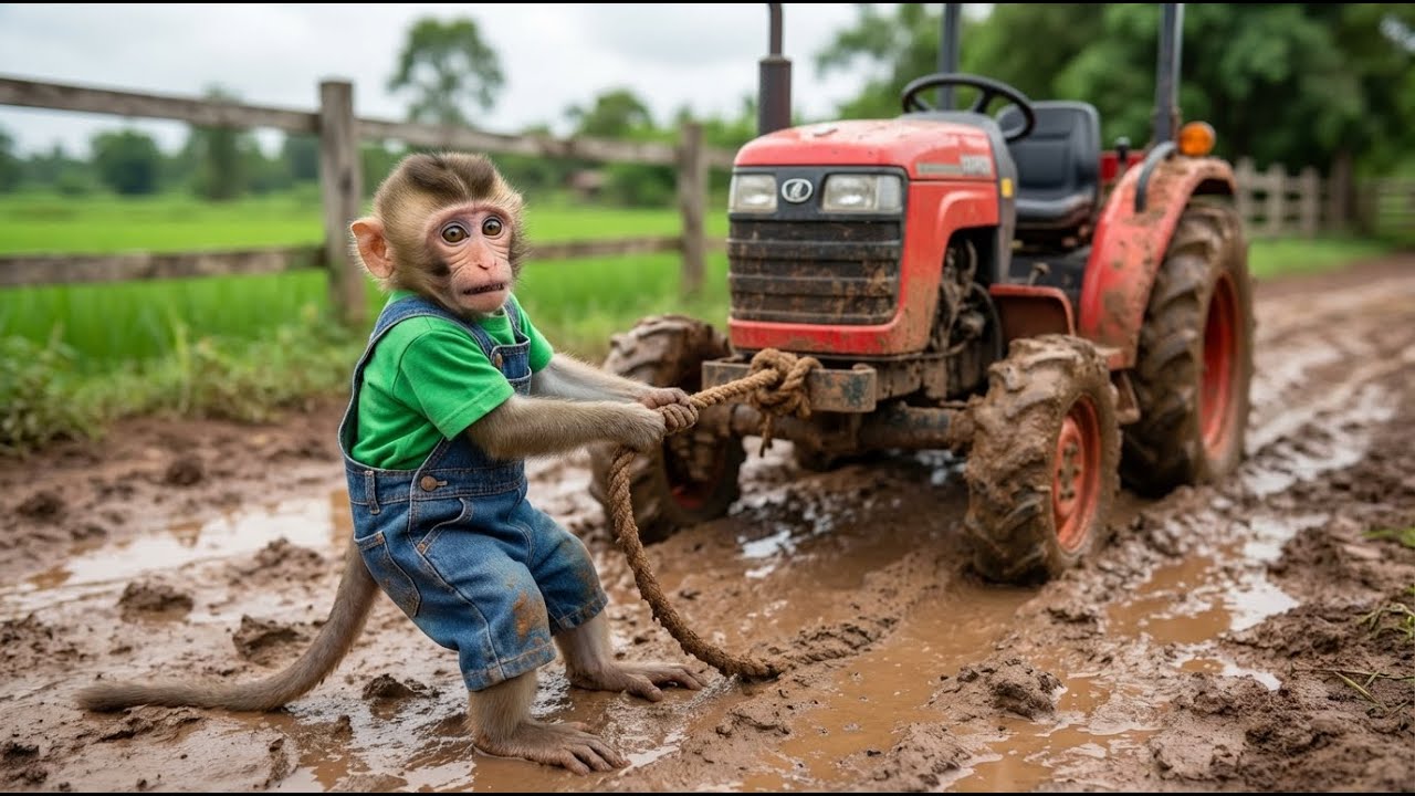 Baby Monkey vs the Mud! Tiny Tractor Rescue with a Rope 🐒🚜🪢
