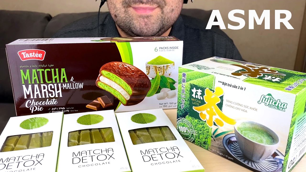 ASMR Chocolate Matcha Green Tea, Latte & Chocolate Marshmallow Pie Mukbang (Eating Sounds)
