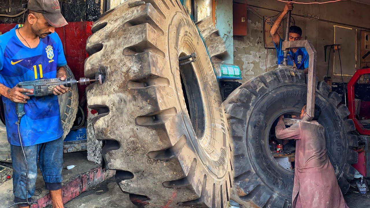 How Professionals Tire Technician Repairing Mining Dump Truck Big Tyre || How to Fix a Damaged Tire